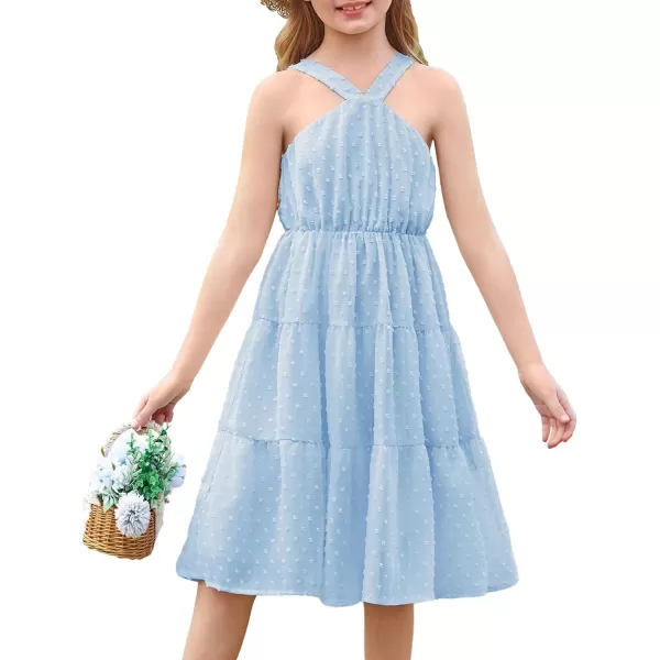 GRACE KARIN Girls Halter Dress Sleeveless Floral Swiss Dots Casual Spring Summer Midi Dress 514YLight Blue