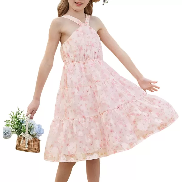 GRACE KARIN Girls Halter Dress Sleeveless Floral Swiss Dots Casual Spring Summer Midi Dress 514YPink Jacquard