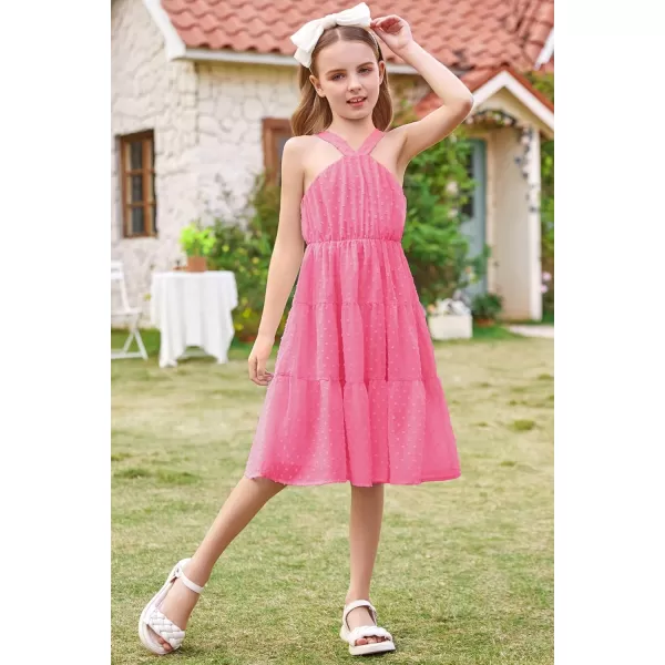 GRACE KARIN Girls Halter Dress Sleeveless Floral Swiss Dots Casual Spring Summer Midi Dress 514YRose Pink