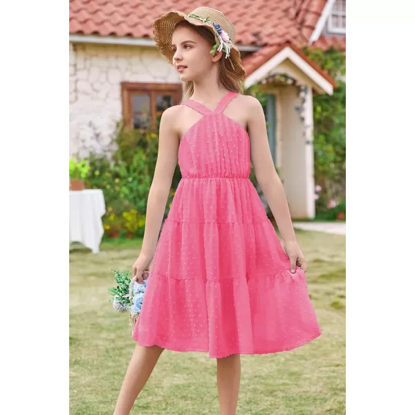 GRACE KARIN Girls Halter Dress Sleeveless Floral Swiss Dots Casual Spring Summer Midi Dress 514YRose Pink