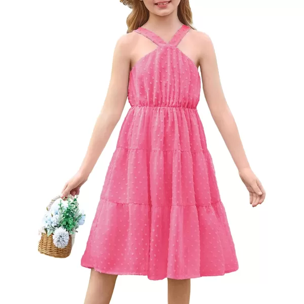 GRACE KARIN Girls Halter Dress Sleeveless Floral Swiss Dots Casual Spring Summer Midi Dress 514YRose Pink