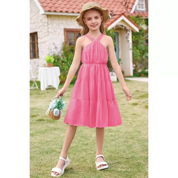 GRACE KARIN Girls Halter Dress Sleeveless Floral Swiss Dots Casual Spring Summer Midi Dress 514YRose Pink