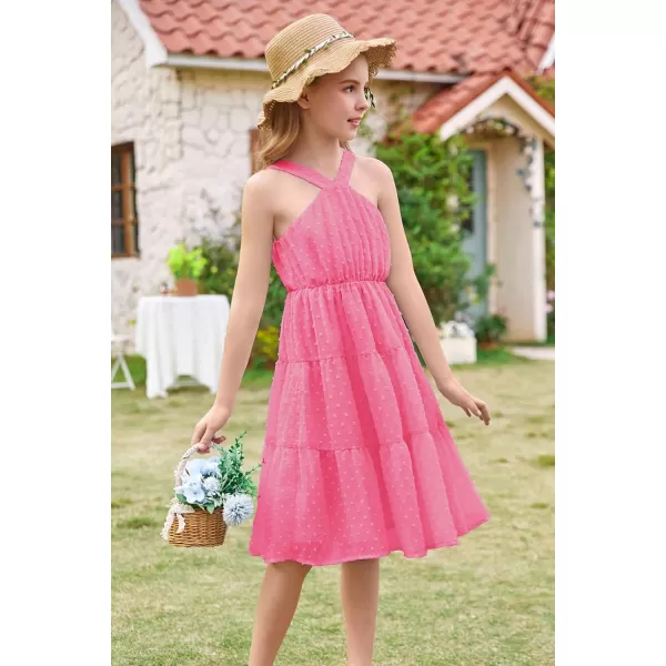 GRACE KARIN Girls Halter Dress Sleeveless Floral Swiss Dots Casual Spring Summer Midi Dress 514YRose Pink