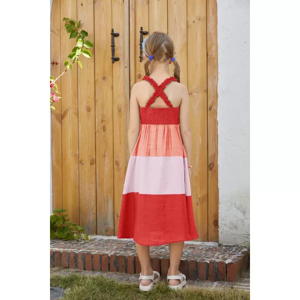 GRACE KARIN Girls Halter Neck Dress Summer Sundress Boho Midi Cross Back Dress 512YContrast Red