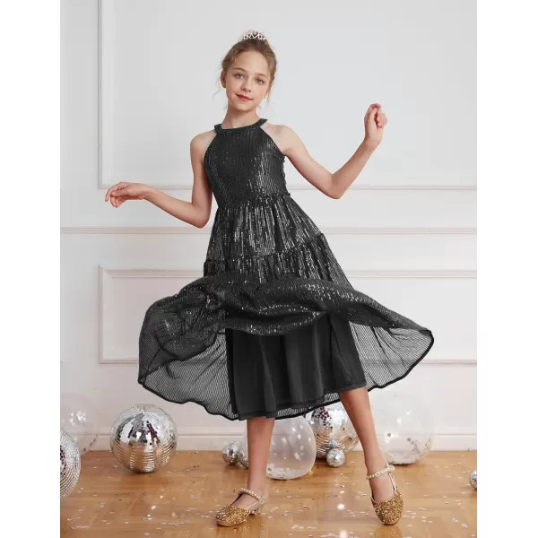 GRACE KARIN Girls Halter Neck Sequin Dress Elegant Cute Girls Party Maxi Dress for 514YBlack