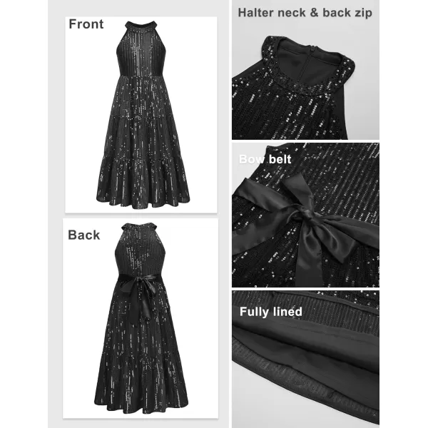 GRACE KARIN Girls Halter Neck Sequin Dress Elegant Cute Girls Party Maxi Dress for 514YBlack