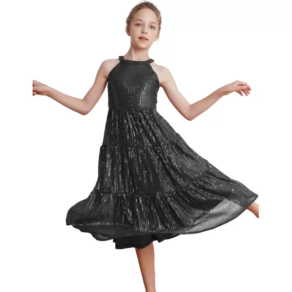 GRACE KARIN Girls Halter Neck Sequin Dress Elegant Cute Girls Party Maxi Dress for 514YBlack