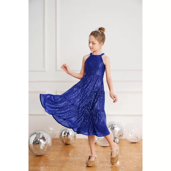 GRACE KARIN Girls Halter Neck Sequin Dress Elegant Cute Girls Party Maxi Dress for 514YBlue