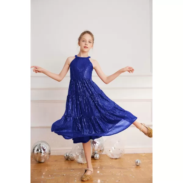 GRACE KARIN Girls Halter Neck Sequin Dress Elegant Cute Girls Party Maxi Dress for 514YBlue