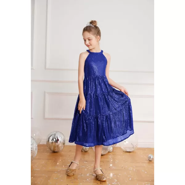 GRACE KARIN Girls Halter Neck Sequin Dress Elegant Cute Girls Party Maxi Dress for 514YBlue