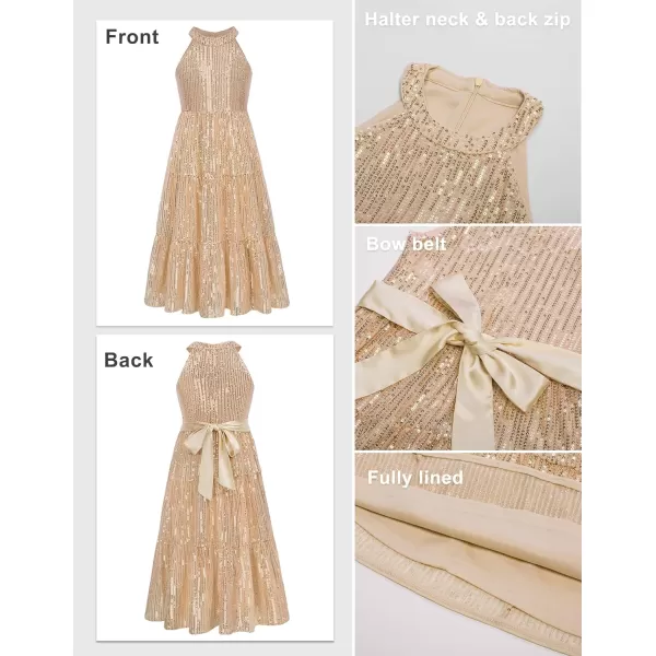 GRACE KARIN Girls Halter Neck Sequin Dress Elegant Cute Girls Party Maxi Dress for 514YGold