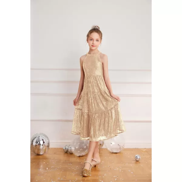 GRACE KARIN Girls Halter Neck Sequin Dress Elegant Cute Girls Party Maxi Dress for 514YGold