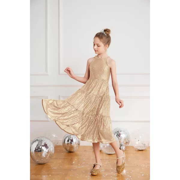 GRACE KARIN Girls Halter Neck Sequin Dress Elegant Cute Girls Party Maxi Dress for 514YGold