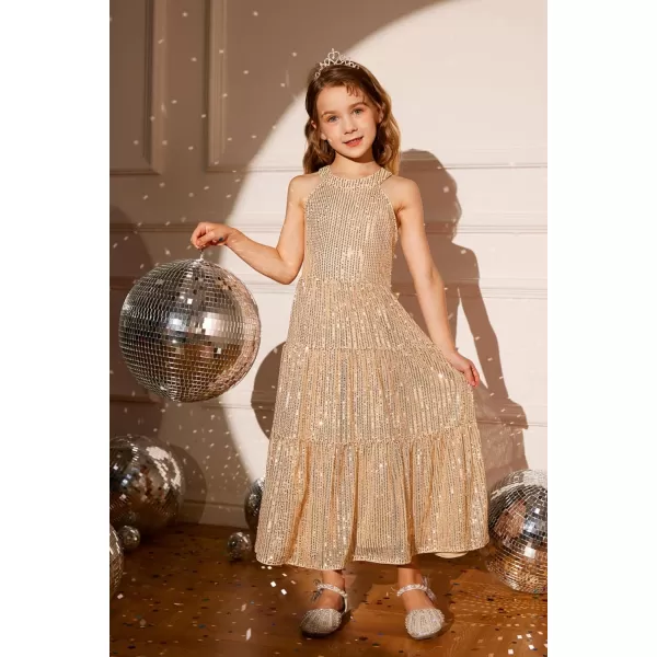 GRACE KARIN Girls Halter Neck Sequin Dress Elegant Cute Girls Party Maxi Dress for 514YGold