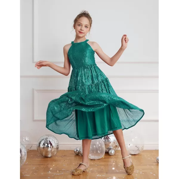 GRACE KARIN Girls Halter Neck Sequin Dress Elegant Cute Girls Party Maxi Dress for 514YGreen