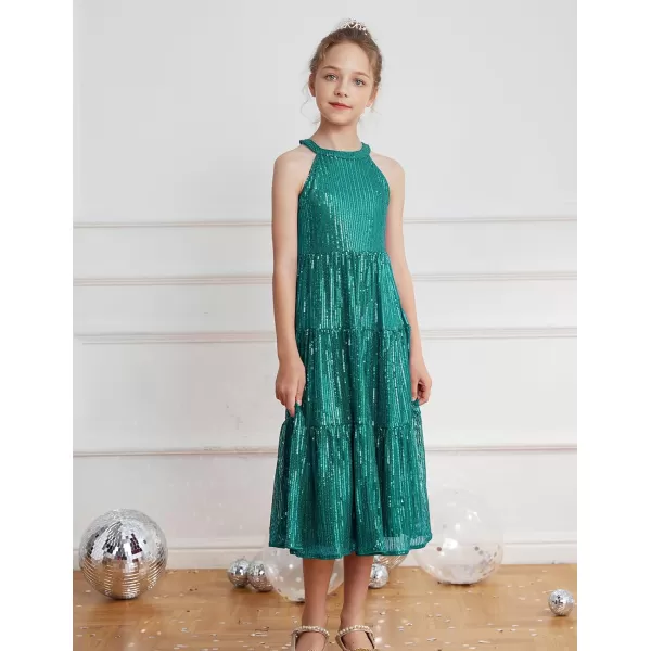 GRACE KARIN Girls Halter Neck Sequin Dress Elegant Cute Girls Party Maxi Dress for 514YGreen