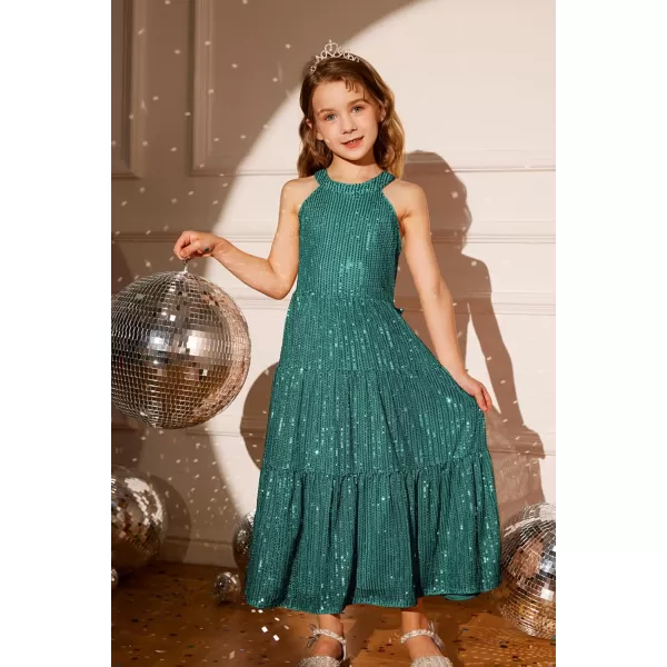 GRACE KARIN Girls Halter Neck Sequin Dress Elegant Cute Girls Party Maxi Dress for 514YGreen