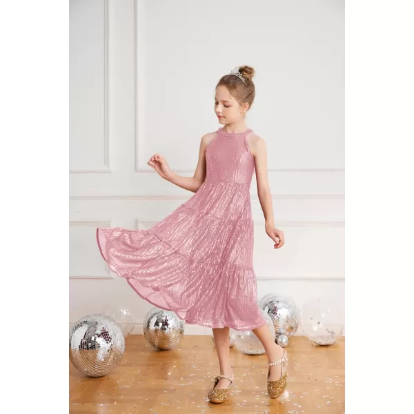 GRACE KARIN Girls Halter Neck Sequin Dress Elegant Cute Girls Party Maxi Dress for 514YPink