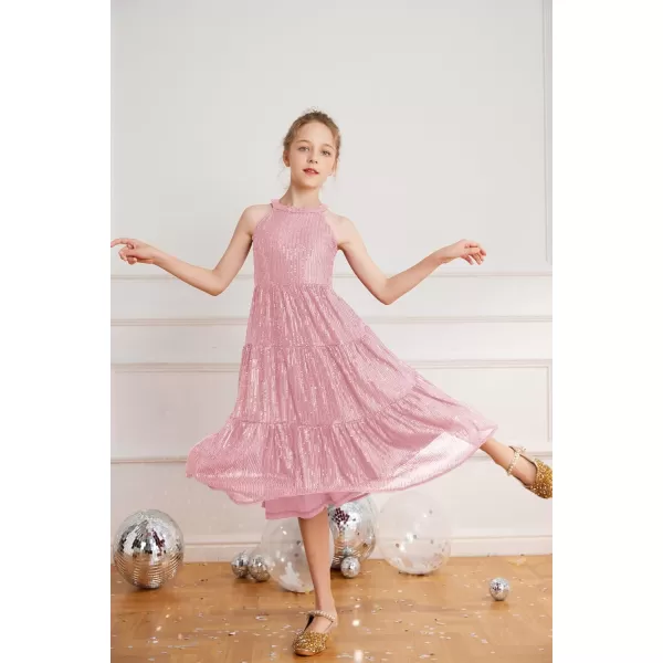 GRACE KARIN Girls Halter Neck Sequin Dress Elegant Cute Girls Party Maxi Dress for 514YPink