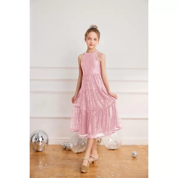 GRACE KARIN Girls Halter Neck Sequin Dress Elegant Cute Girls Party Maxi Dress for 514YPink