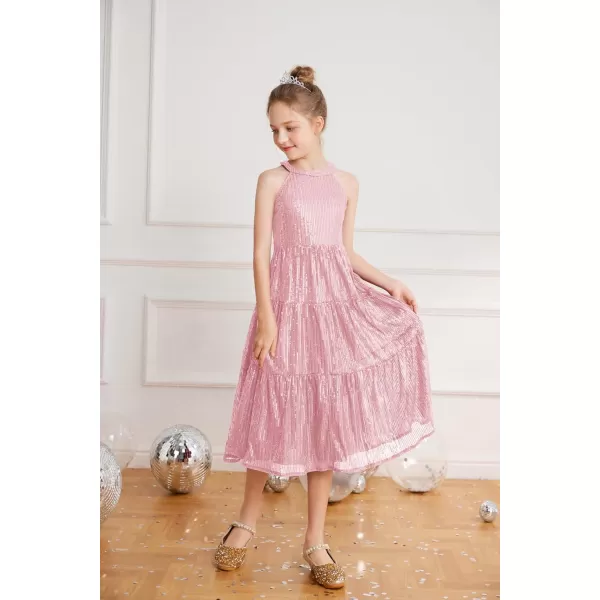 GRACE KARIN Girls Halter Neck Sequin Dress Elegant Cute Girls Party Maxi Dress for 514YPink