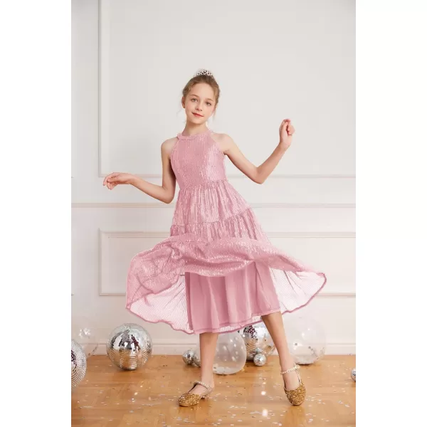 GRACE KARIN Girls Halter Neck Sequin Dress Elegant Cute Girls Party Maxi Dress for 514YPink