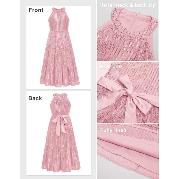 GRACE KARIN Girls Halter Neck Sequin Dress Elegant Cute Girls Party Maxi Dress for 514YPink
