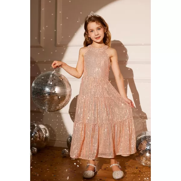 GRACE KARIN Girls Halter Neck Sequin Dress Elegant Cute Girls Party Maxi Dress for 514YRose Gold