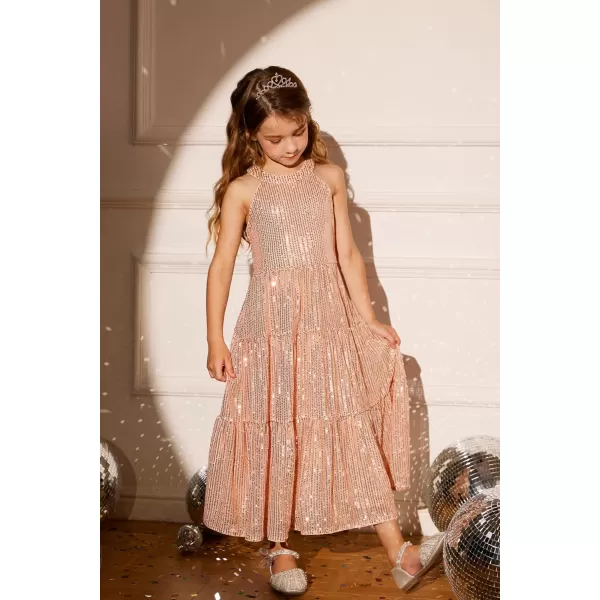 GRACE KARIN Girls Halter Neck Sequin Dress Elegant Cute Girls Party Maxi Dress for 514YRose Gold