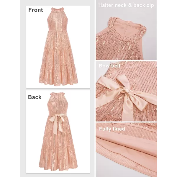 GRACE KARIN Girls Halter Neck Sequin Dress Elegant Cute Girls Party Maxi Dress for 514YRose Gold