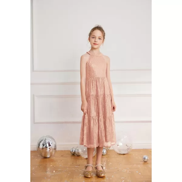 GRACE KARIN Girls Halter Neck Sequin Dress Elegant Cute Girls Party Maxi Dress for 514YRose Gold