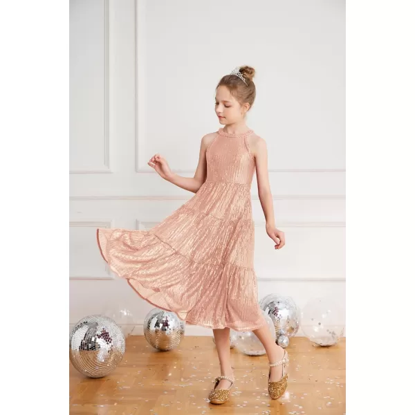 GRACE KARIN Girls Halter Neck Sequin Dress Elegant Cute Girls Party Maxi Dress for 514YRose Gold