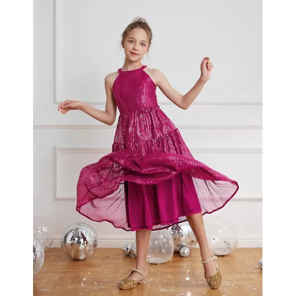 GRACE KARIN Girls Halter Neck Sequin Dress Elegant Cute Girls Party Maxi Dress for 514YRose Red