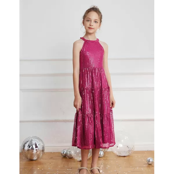 GRACE KARIN Girls Halter Neck Sequin Dress Elegant Cute Girls Party Maxi Dress for 514YRose Red