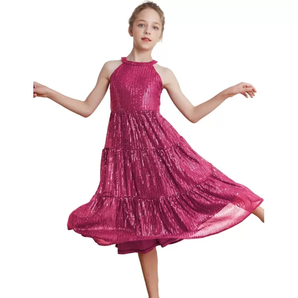 GRACE KARIN Girls Halter Neck Sequin Dress Elegant Cute Girls Party Maxi Dress for 514YRose Red