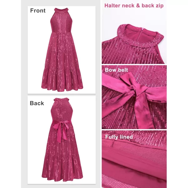 GRACE KARIN Girls Halter Neck Sequin Dress Elegant Cute Girls Party Maxi Dress for 514YRose Red