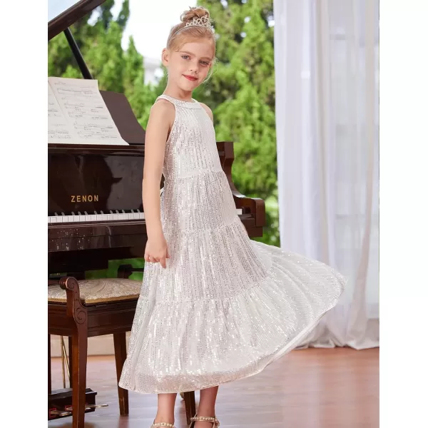 GRACE KARIN Girls Halter Neck Sequin Dress Elegant Cute Girls Party Maxi Dress for 514YSilver