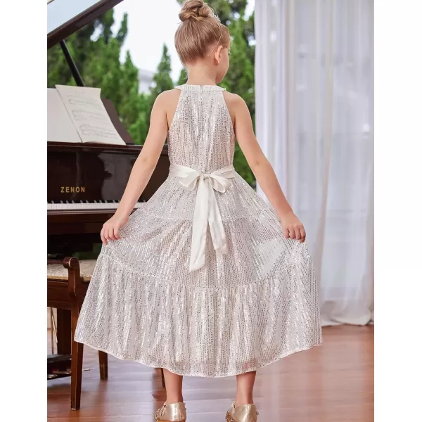 GRACE KARIN Girls Halter Neck Sequin Dress Elegant Cute Girls Party Maxi Dress for 514YSilver