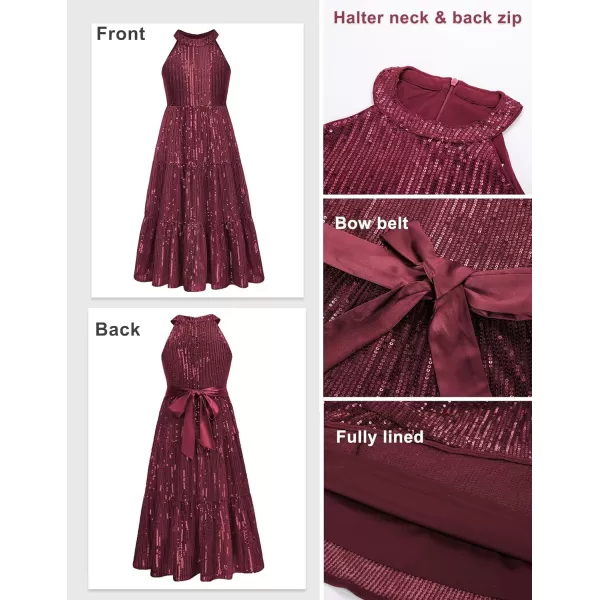 GRACE KARIN Girls Halter Neck Sequin Dress Elegant Cute Girls Party Maxi Dress for 514YWine Red