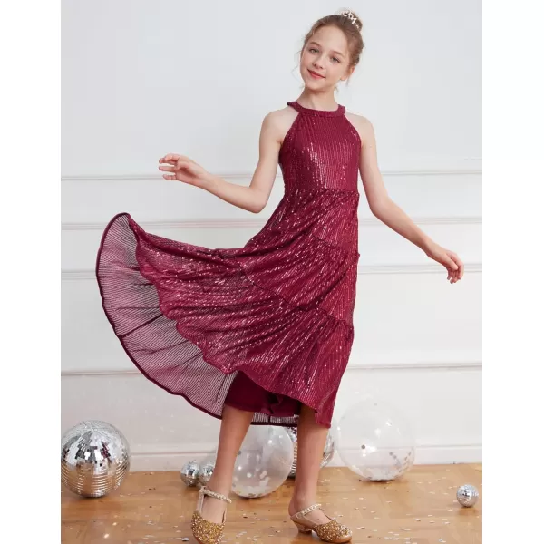 GRACE KARIN Girls Halter Neck Sequin Dress Elegant Cute Girls Party Maxi Dress for 514YWine Red