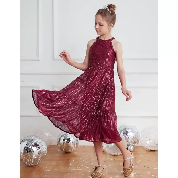 GRACE KARIN Girls Halter Neck Sequin Dress Elegant Cute Girls Party Maxi Dress for 514YWine Red