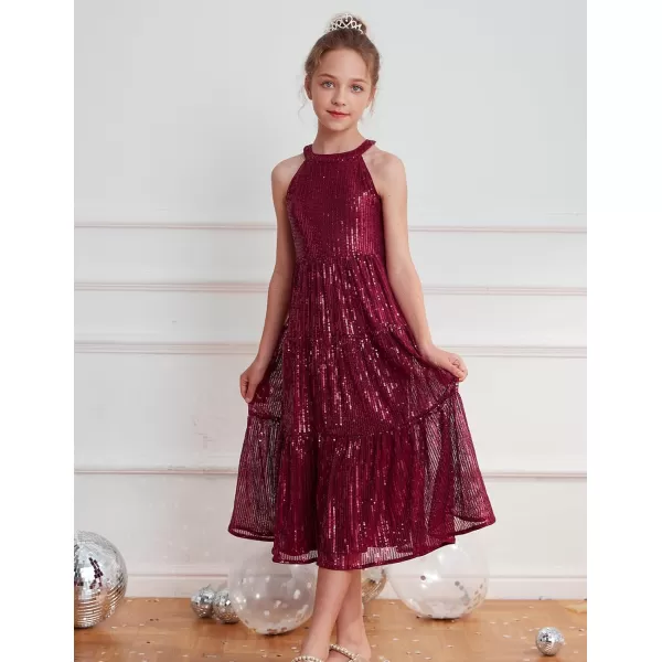 GRACE KARIN Girls Halter Neck Sequin Dress Elegant Cute Girls Party Maxi Dress for 514YWine Red