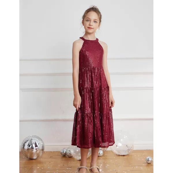 GRACE KARIN Girls Halter Neck Sequin Dress Elegant Cute Girls Party Maxi Dress for 514YWine Red