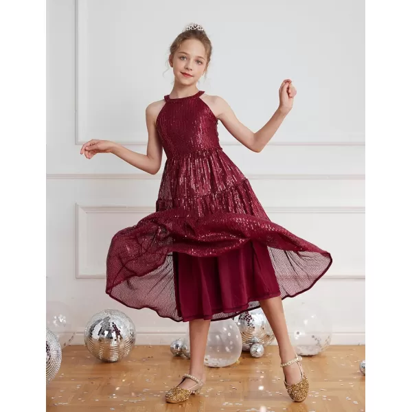 GRACE KARIN Girls Halter Neck Sequin Dress Elegant Cute Girls Party Maxi Dress for 514YWine Red