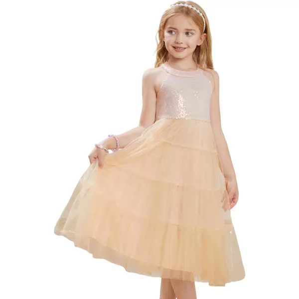 GRACE KARIN Girls Halter Neck Sequin Dress Sparkly Formal Party Prom Pageant Graduation Tulle Dresses Size 512Apricot