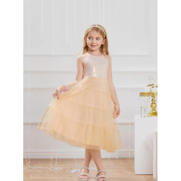 GRACE KARIN Girls Halter Neck Sequin Dress Sparkly Formal Party Prom Pageant Graduation Tulle Dresses Size 512Apricot