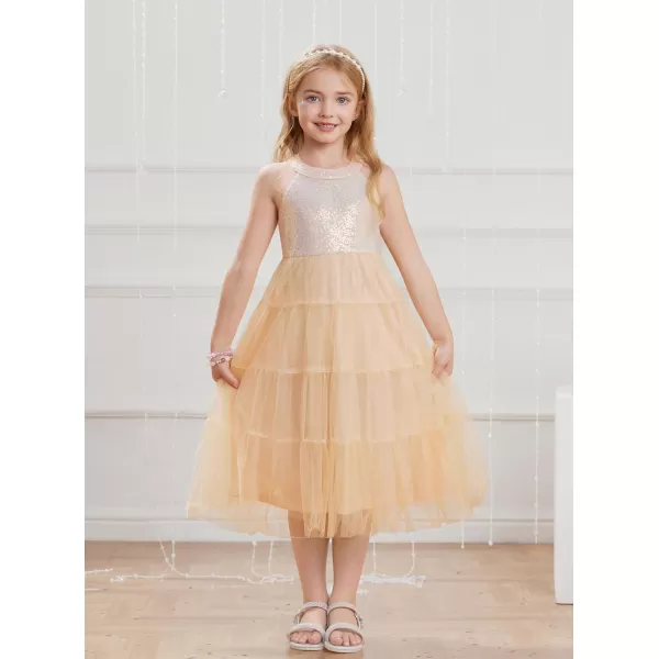 GRACE KARIN Girls Halter Neck Sequin Dress Sparkly Formal Party Prom Pageant Graduation Tulle Dresses Size 512Apricot