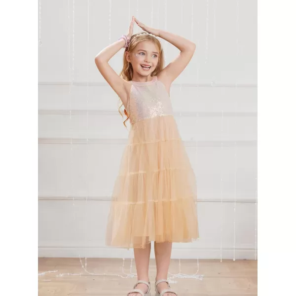 GRACE KARIN Girls Halter Neck Sequin Dress Sparkly Formal Party Prom Pageant Graduation Tulle Dresses Size 512Apricot