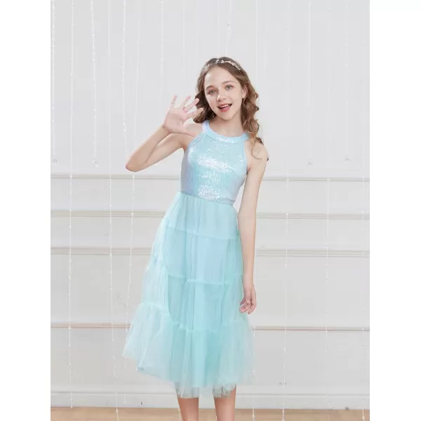 GRACE KARIN Girls Halter Neck Sequin Dress Sparkly Formal Party Prom Pageant Graduation Tulle Dresses Size 512Light Blue