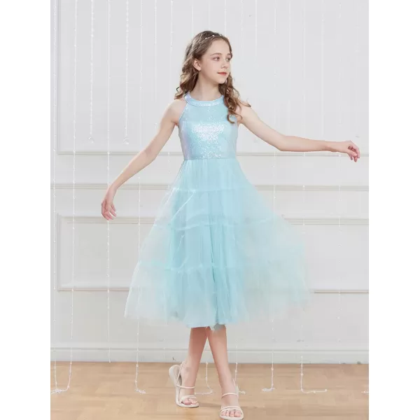 GRACE KARIN Girls Halter Neck Sequin Dress Sparkly Formal Party Prom Pageant Graduation Tulle Dresses Size 512Light Blue